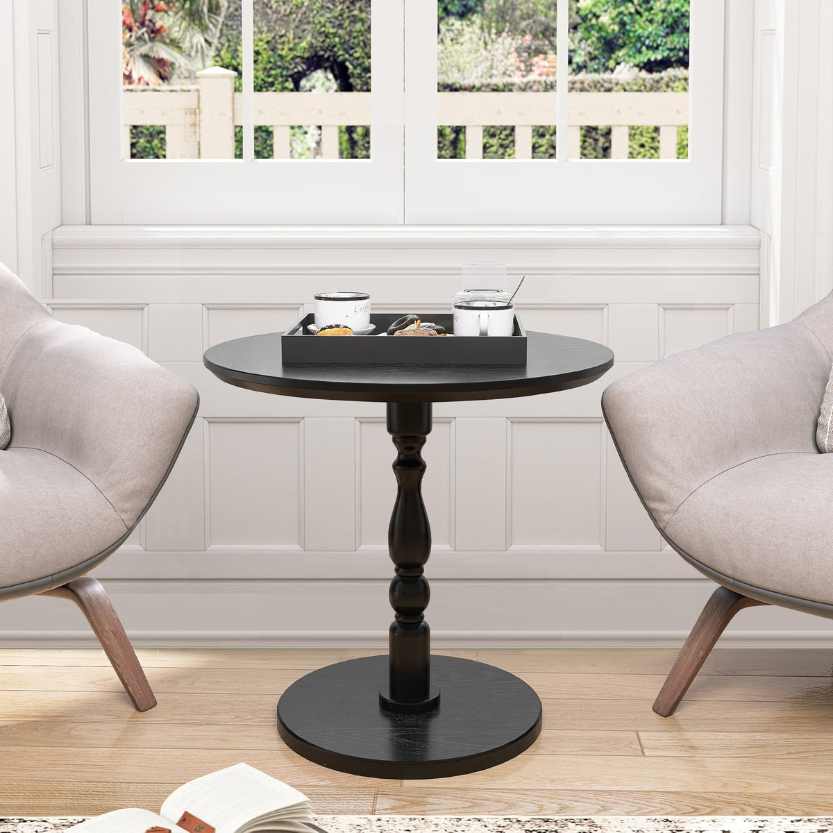 23" Black Accent Round Side Table, Modern Nightstand With Solid Wood Legs For Living Room, Bedroom, Corners And Office