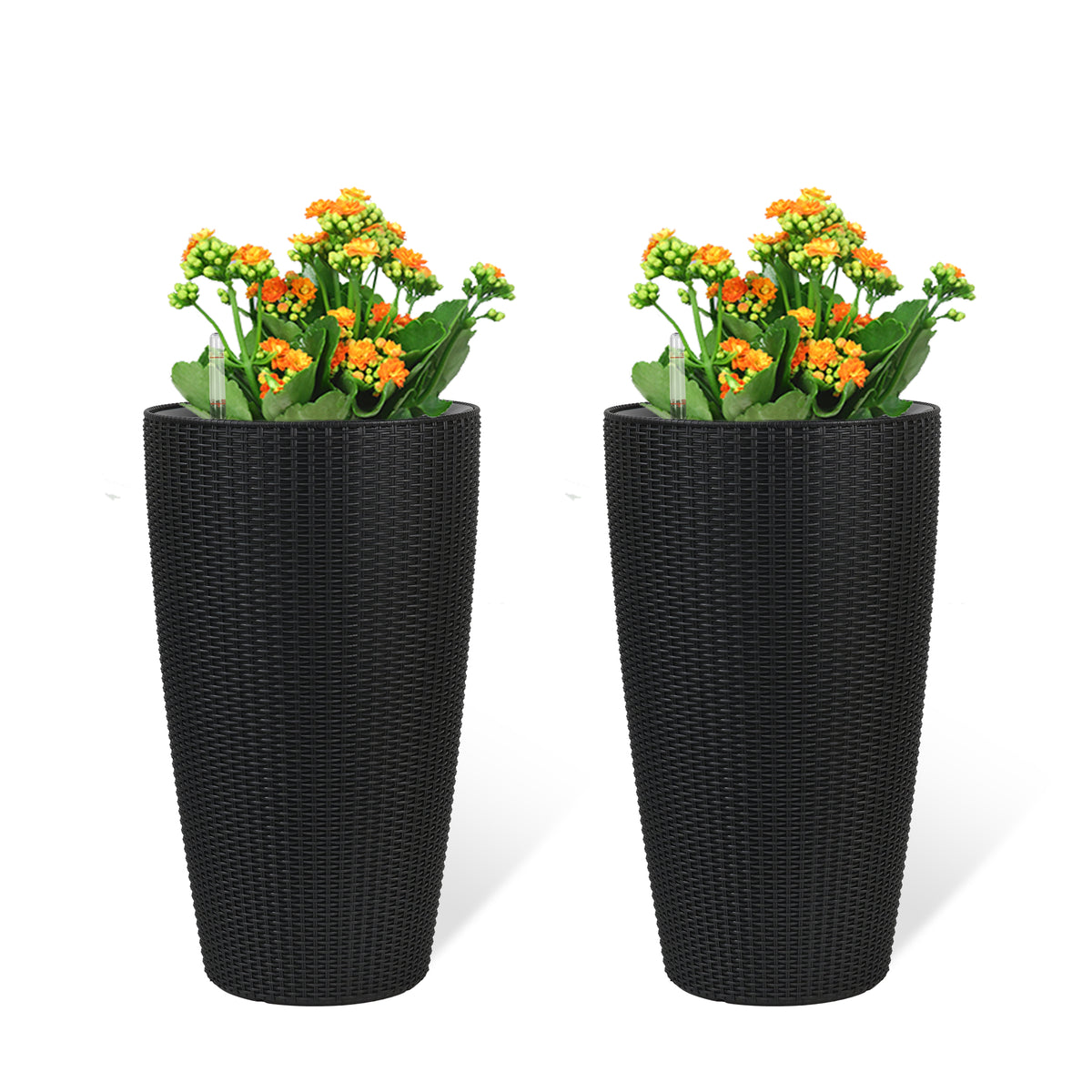 Faux Rattan Tall Planters, Set of 2 — Indoor/Outdoor with Drainage