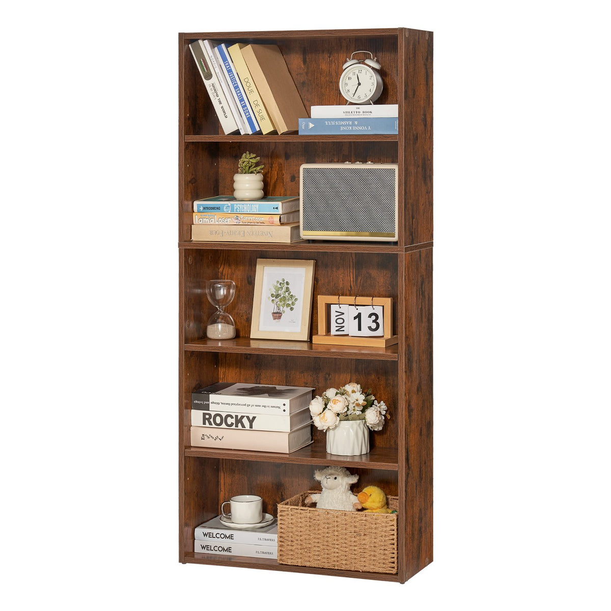 5 Tiers Narrow Bookshelf, 53 In Wooden Open Bookcase With Height-Adjustable Shelf, Freestanding Tall Display Storage Floor Bookcase Bookshelf For Library, Bedroom, Living Room, Office, Brown