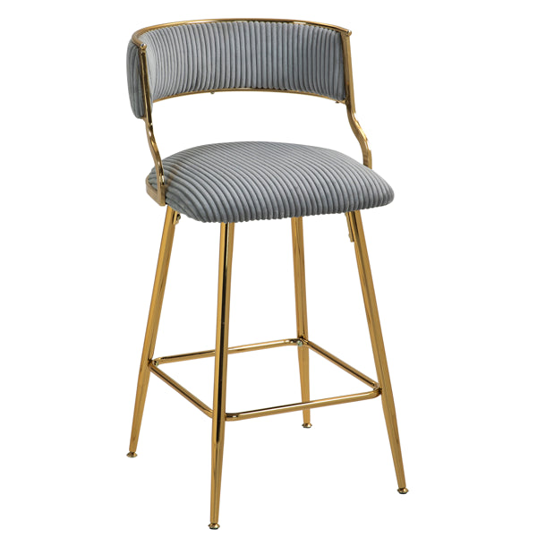 Set Of 2 Counter Height Bar Stools, 26 Inch Corduroy Kitchen Island Counter Bar Stool With Back, Golden Chromed Base And Footrest - Grey