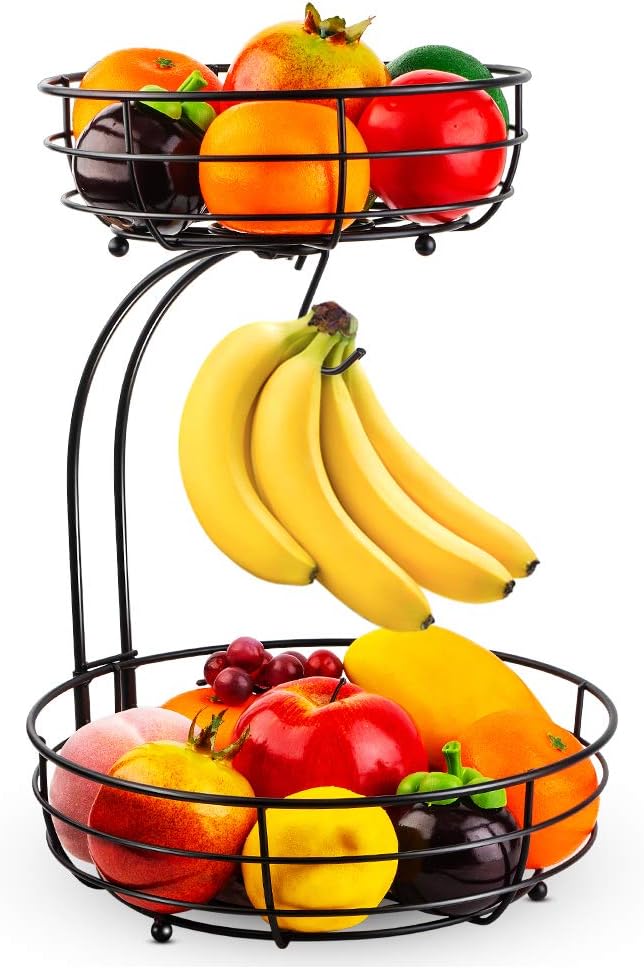 2-Tier Iron Countertop Fruit Vegetable Basket With Banana Hanger