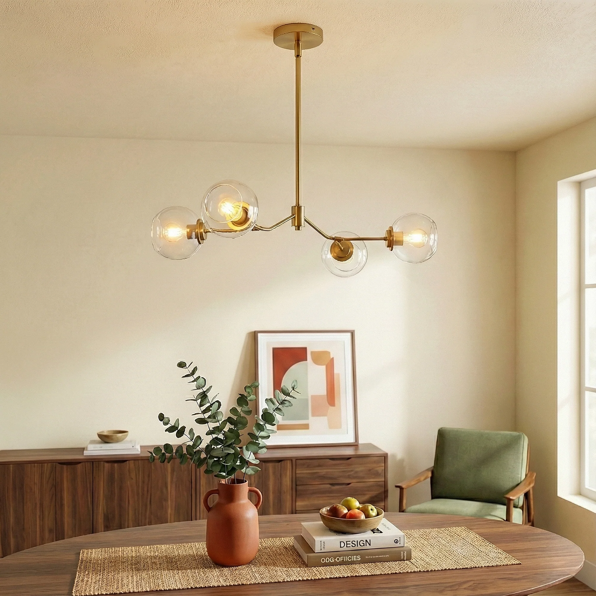 4-Light Linear Chandelier With Clear Glass, Gold, 36 in