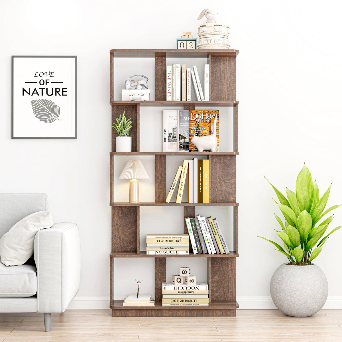 Tall Bookshelf with LED Lighting and Sliding Ladder, 83.4"