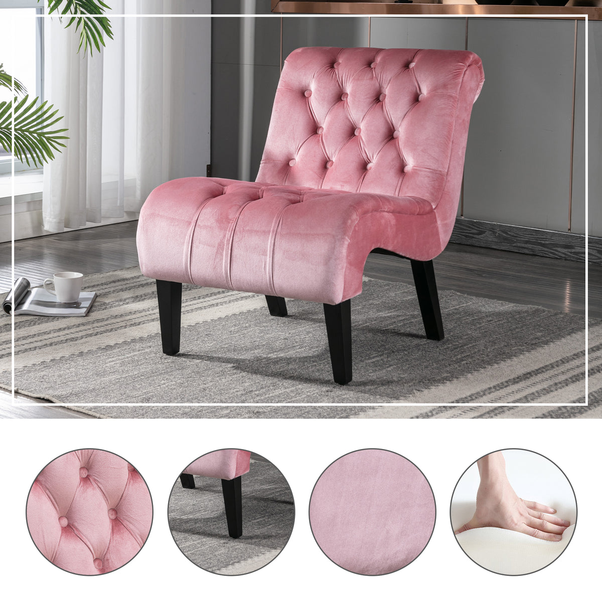 Modern Velvet Armless Accent Chair with Wooden Legs, Upholstered Leisure Chair for Bedroom, Living Room & Office