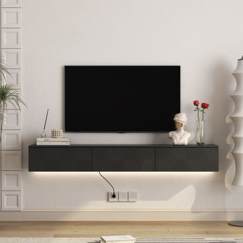 Floating TV Stand Wall Mounted With 16 Color LEDs, Modern TV Stand, Floating TV Cabinet Entertainment Center For 55 60 65 Inch TV - Black