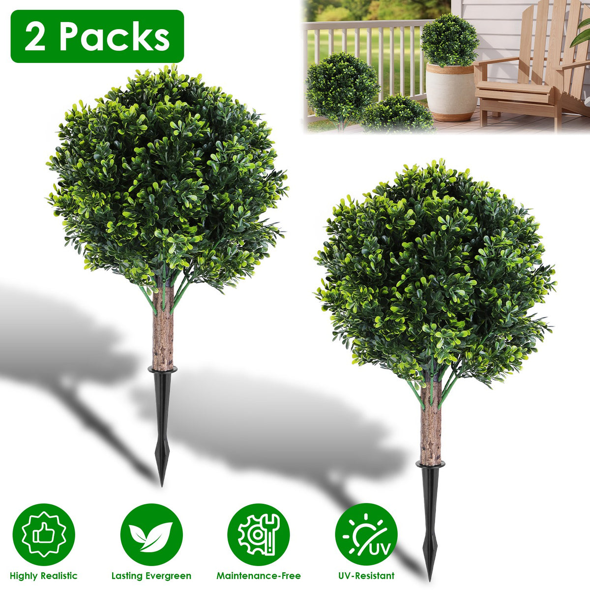 2 Packs Faux Boxwood Ball Trees Artificial Peanut Topiary Tree UV Resistant Indoor Outdoor Decor
