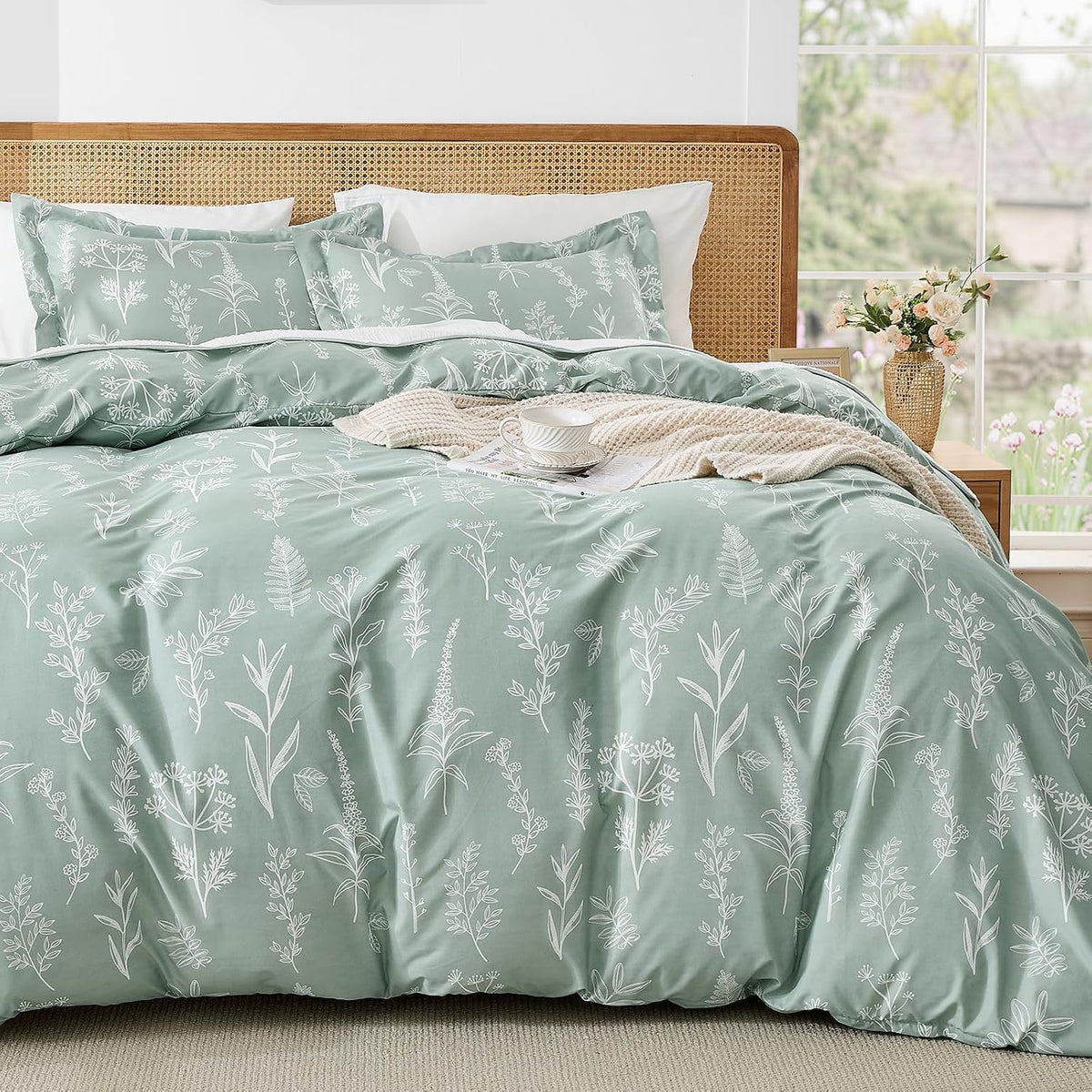 Floral Green Duvet Cover Set, Queen, 3 Piece