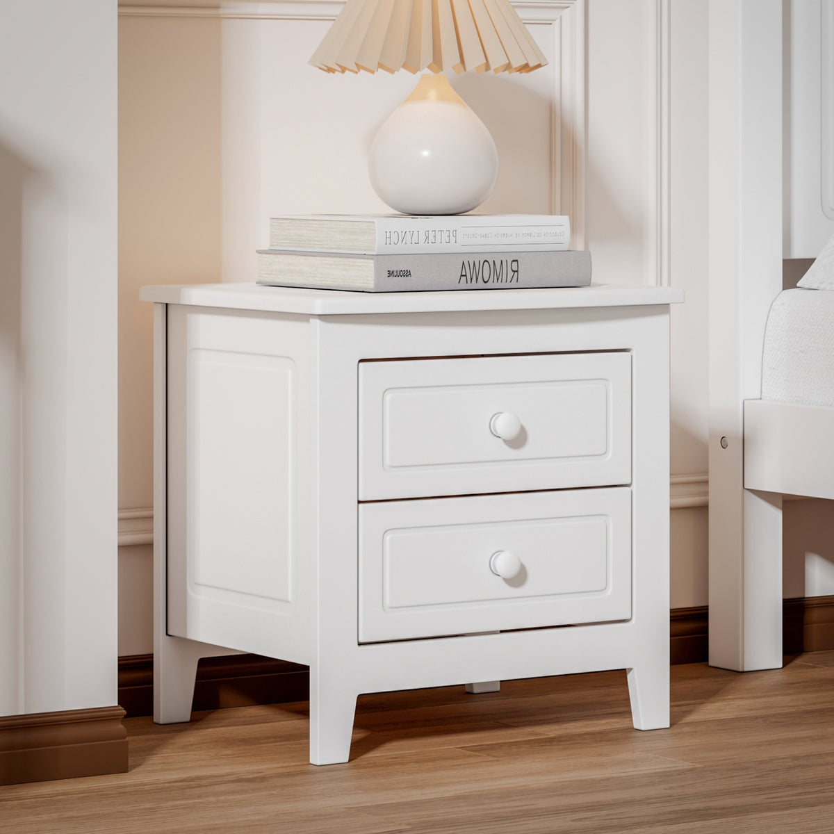2-Drawer Nightstand For Bedroom, Mid Century Retro Bedside Table With Classic Design, White