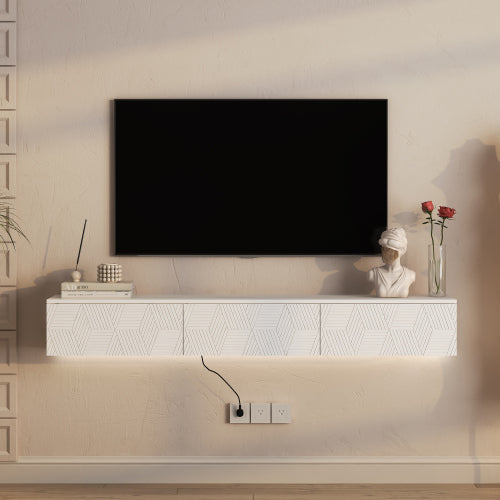Floating TV Stand Wall Mounted With 16 Color LEDs, Modern TV Stand, Floating TV Cabinet Entertainment Center For 55 60 65 Inch TV - White