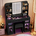 43.2 Inch Vanity Desk With LED Mirror And Lights, Glass Top Vanity With RGB Glass Light Cabinets, Dressing Table With 3 Drawers, Storage Shelves And Stool For Bedroom, Black