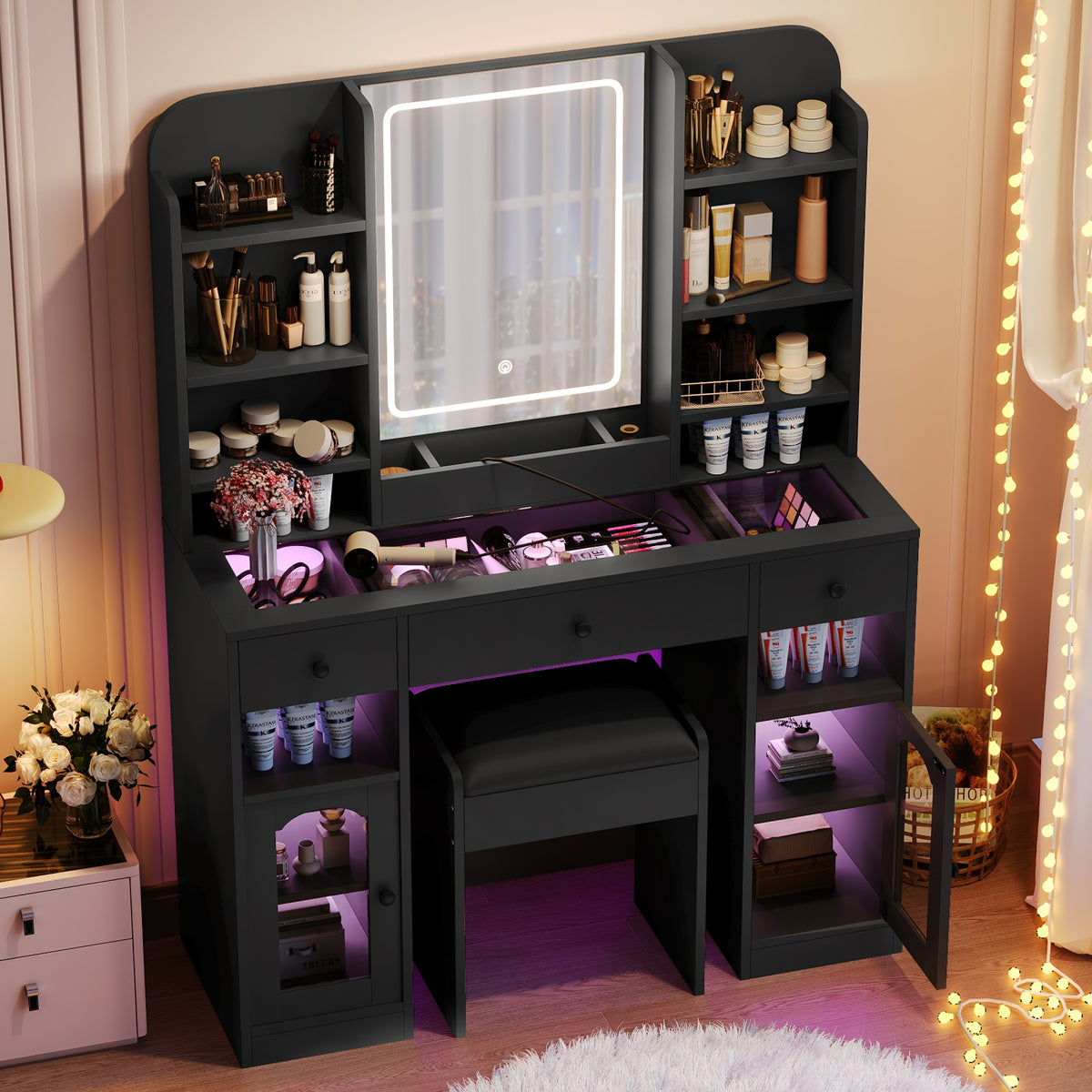 43.2 Inch Vanity Desk With LED Mirror And Lights, Glass Top Vanity With RGB Glass Light Cabinets, Dressing Table With 3 Drawers, Storage Shelves And Stool For Bedroom, Black