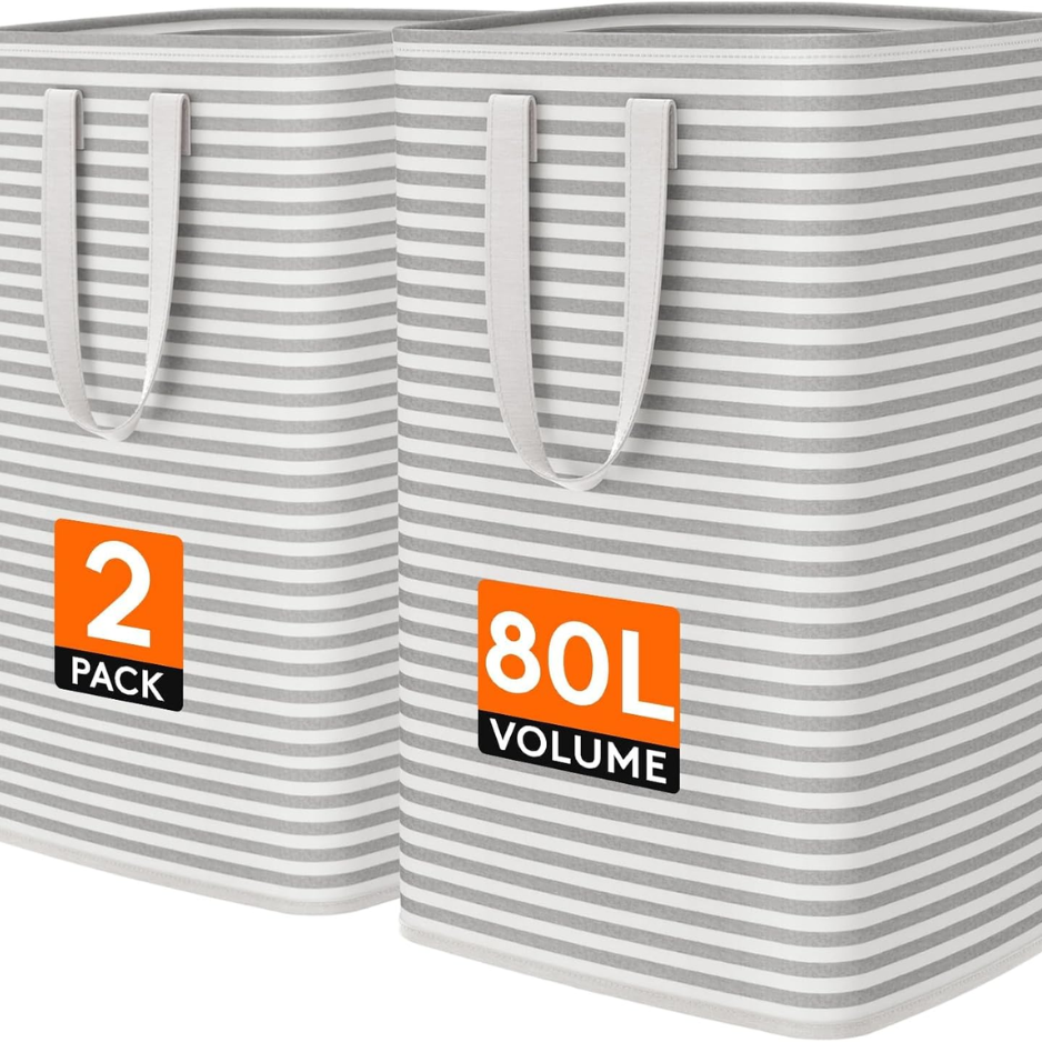 2PCS 80L Large Laundry Baskets, Foldable Laundry Hamper Bags, Spacious Clothes Storage