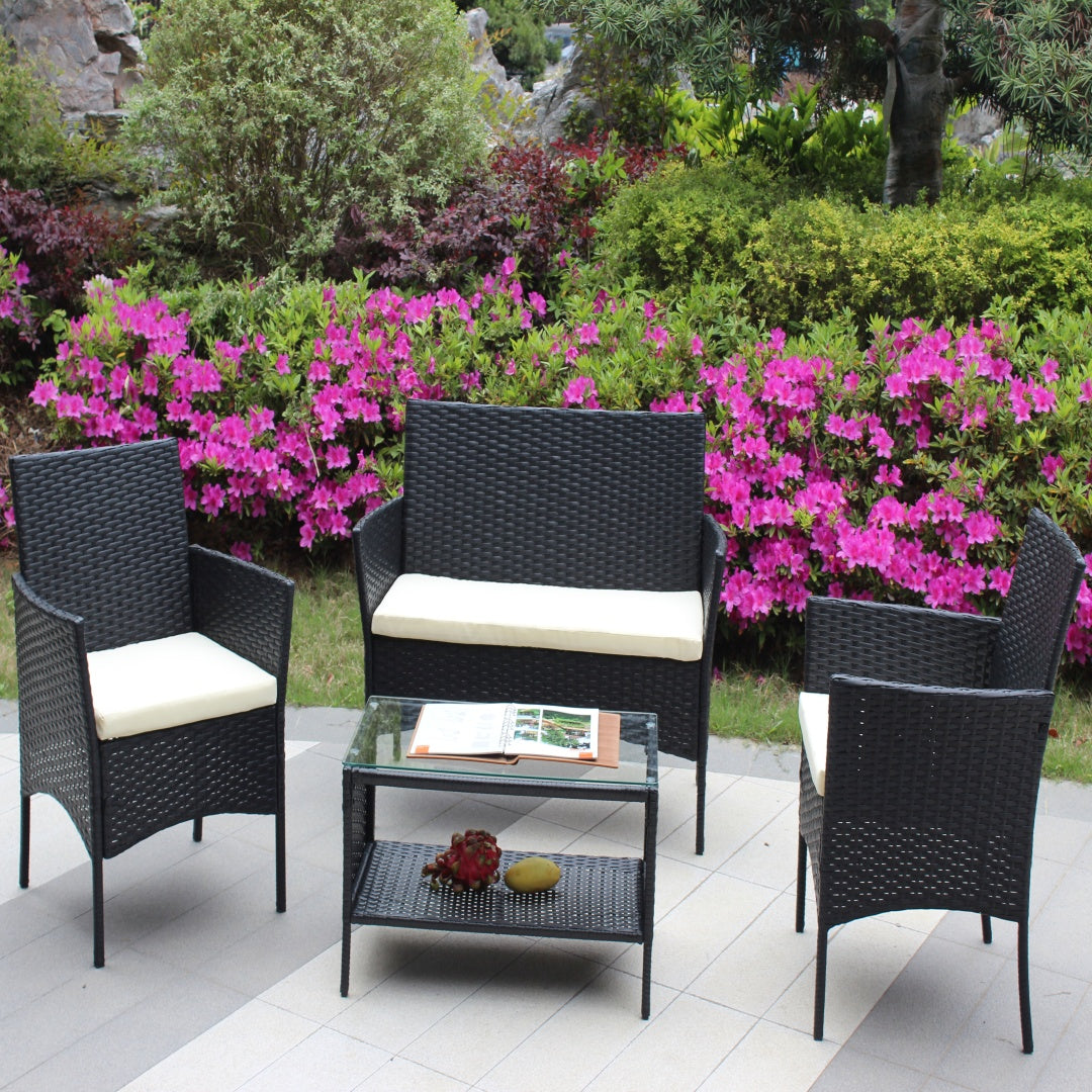 4 PC Rattan Patio Furniture Set Outdoor Patio Cushioned Seat Wicker