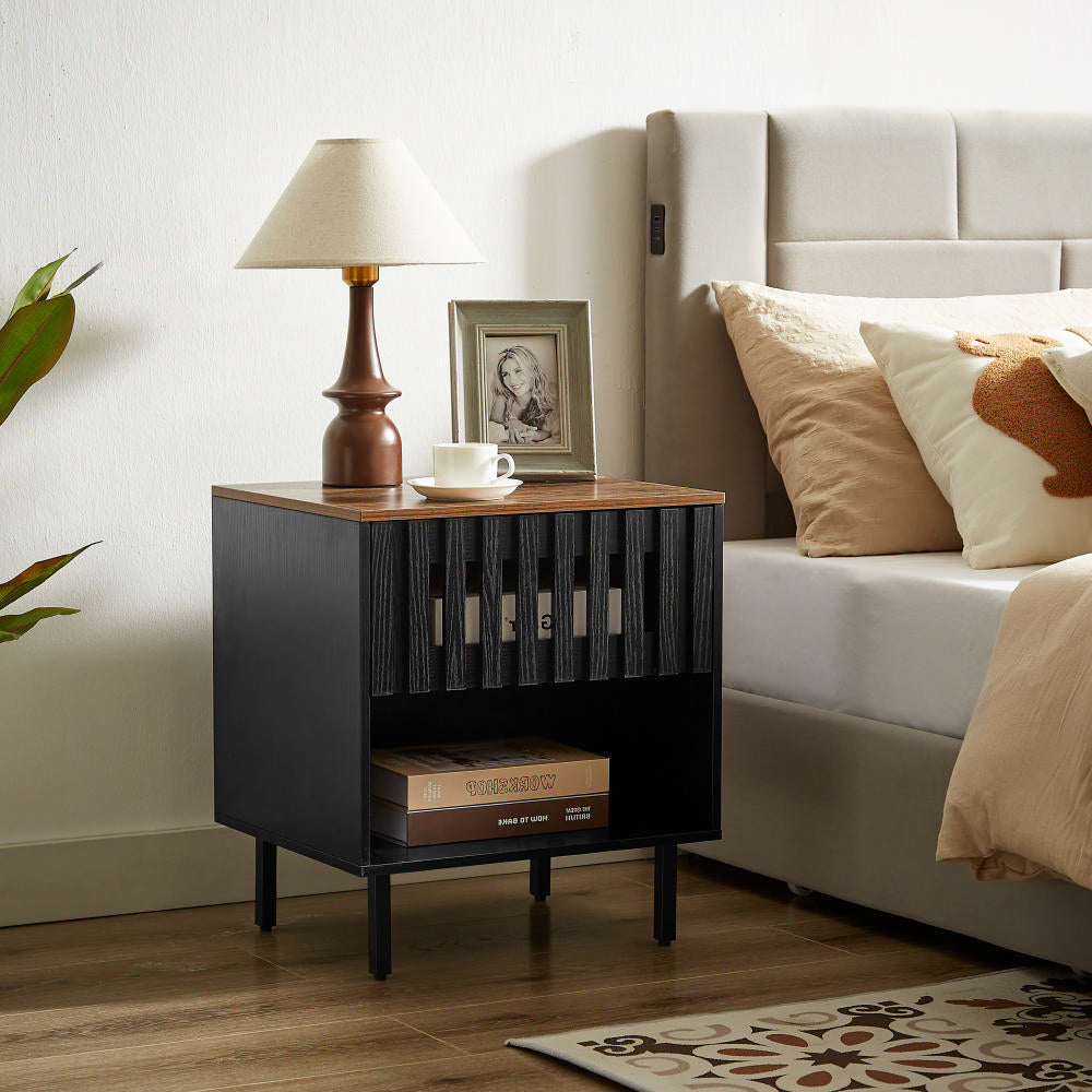 Set of 2 Nightstands With Grille Striped Doors, Mid Century Modern Nightstand, Bedside Table With Slatted Drawer Decor, Metal Legs