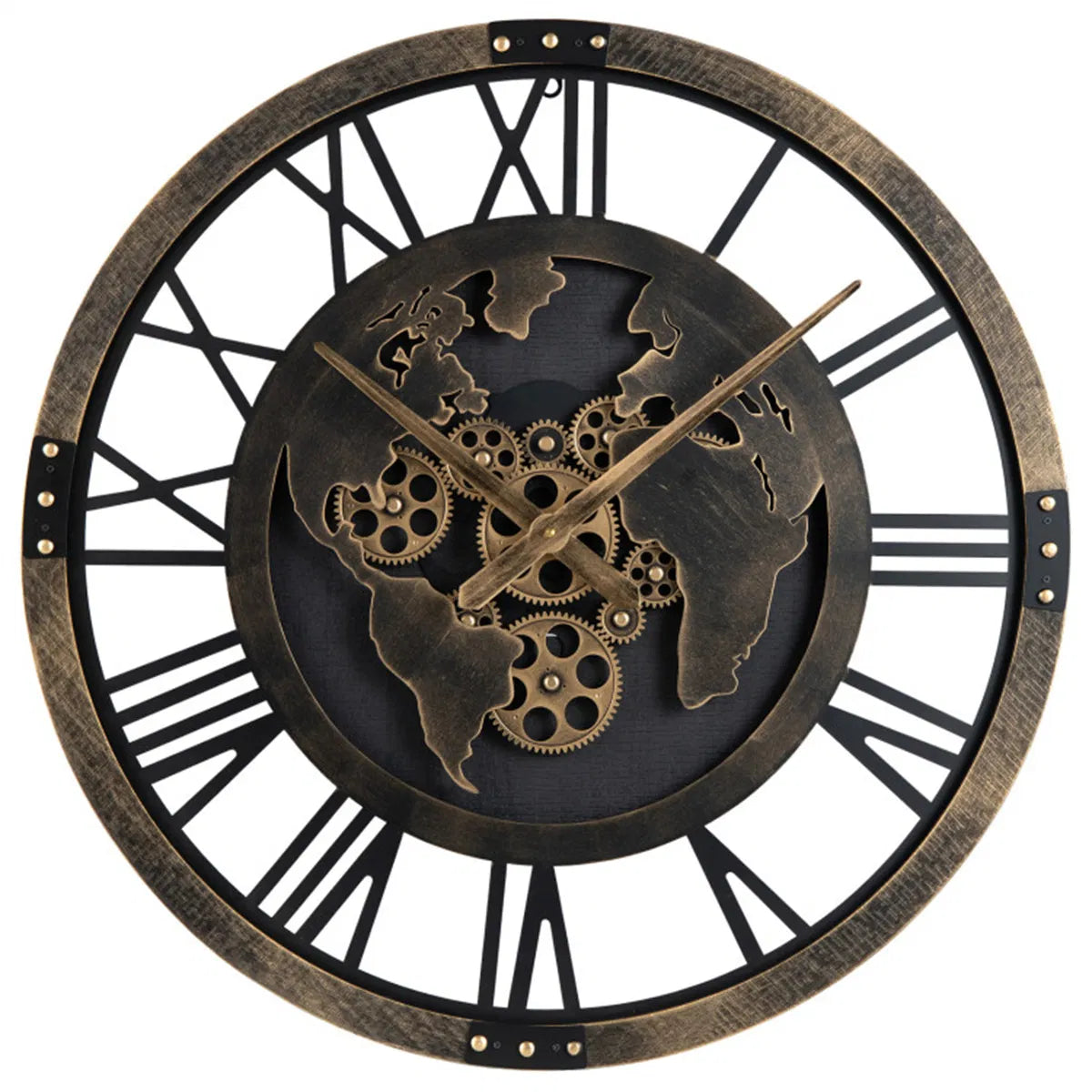 Brown Gear Wall Clock With World Map, 27 in