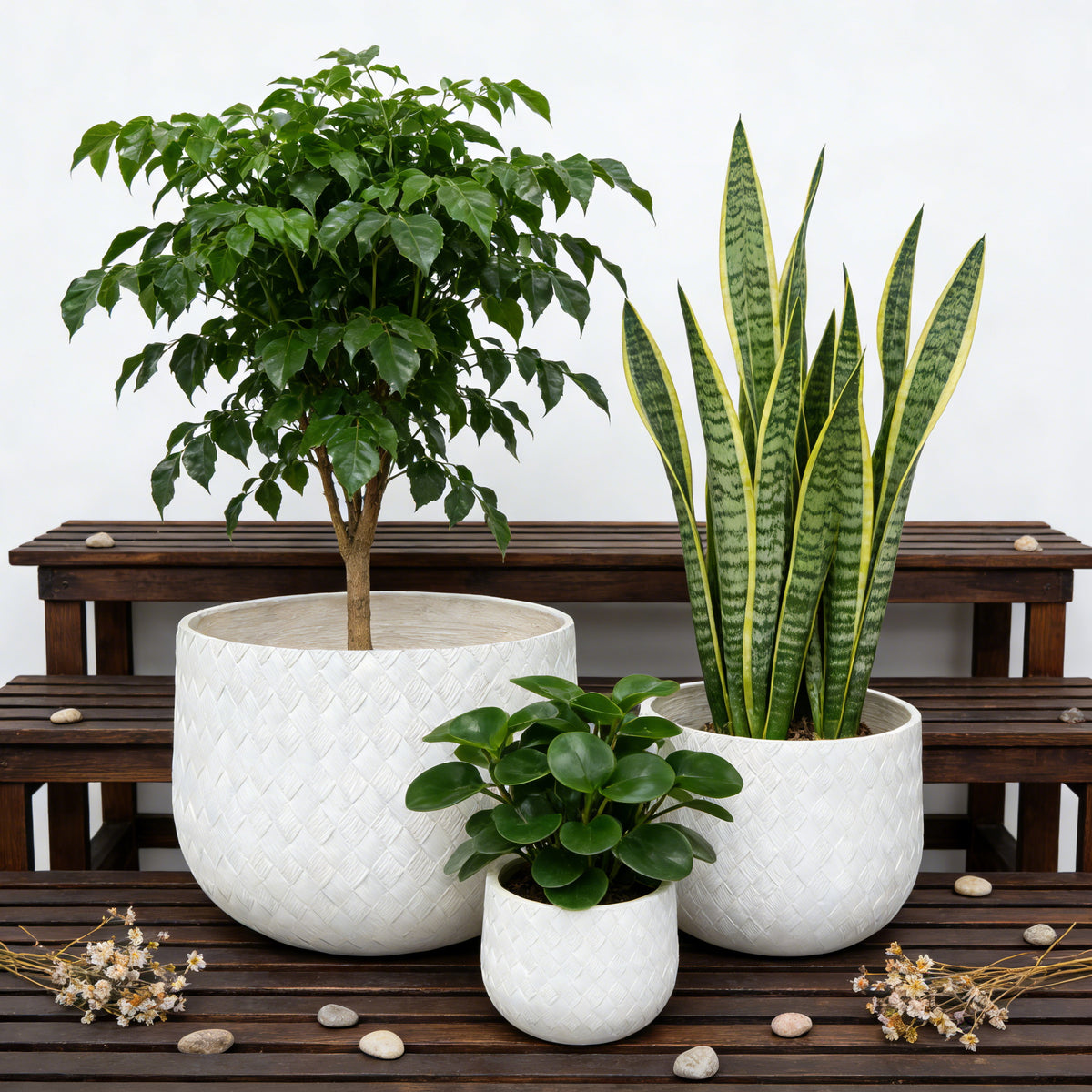 Assorted Sizes Magnesium Oxide Round Planter, 21.65-14.17-8.66 Dia Set Of 3 Planter, Outdoor Indoor Plant Pot With Drainage Hole, White Color With Weaving Pattern Planter For Home Garden Patio