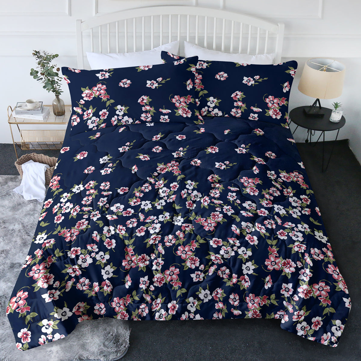 Dark Blue Floral Comforter Set, Queen, 3 Piece