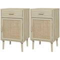 Boho Bedside Tables Set of 2, Nightstands with Drawer, Rattan Cabinet, Adjustable Shelf for Bedroom, Living Room, Oak