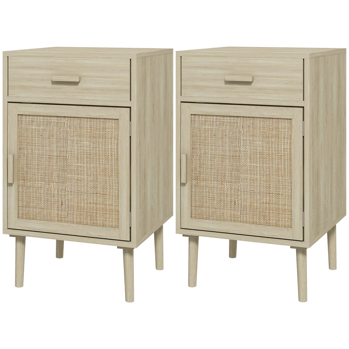Boho Bedside Tables Set of 2, Nightstands with Drawer, Rattan Cabinet, Adjustable Shelf for Bedroom, Living Room, Oak