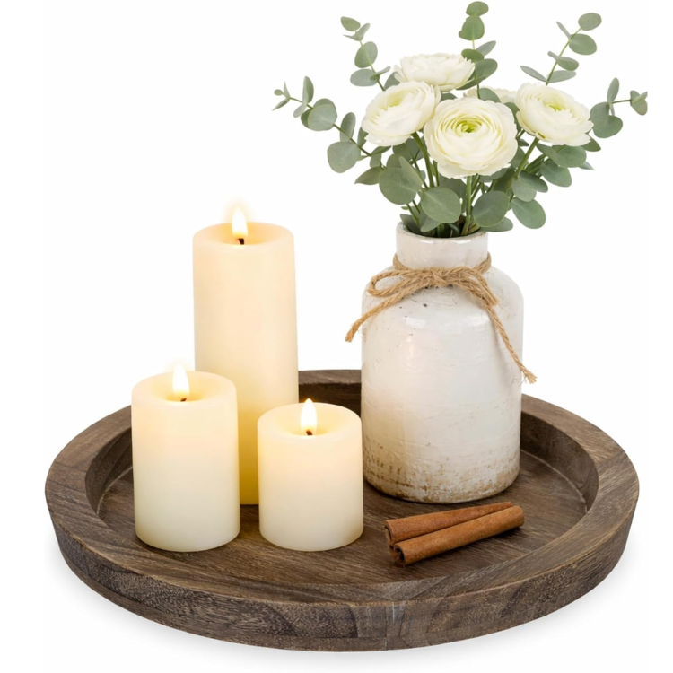 Round Distressed Wood Candle Holder Tray, Low Profile