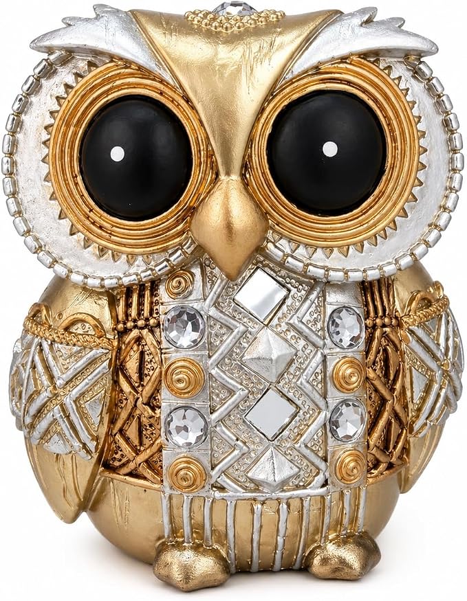 Small Gold Owl Statue Figurine For Shelf Decor, Elegant Bird Sculpture For Tabletop, Mantel, Bookshelf, Bedroom And Living Room