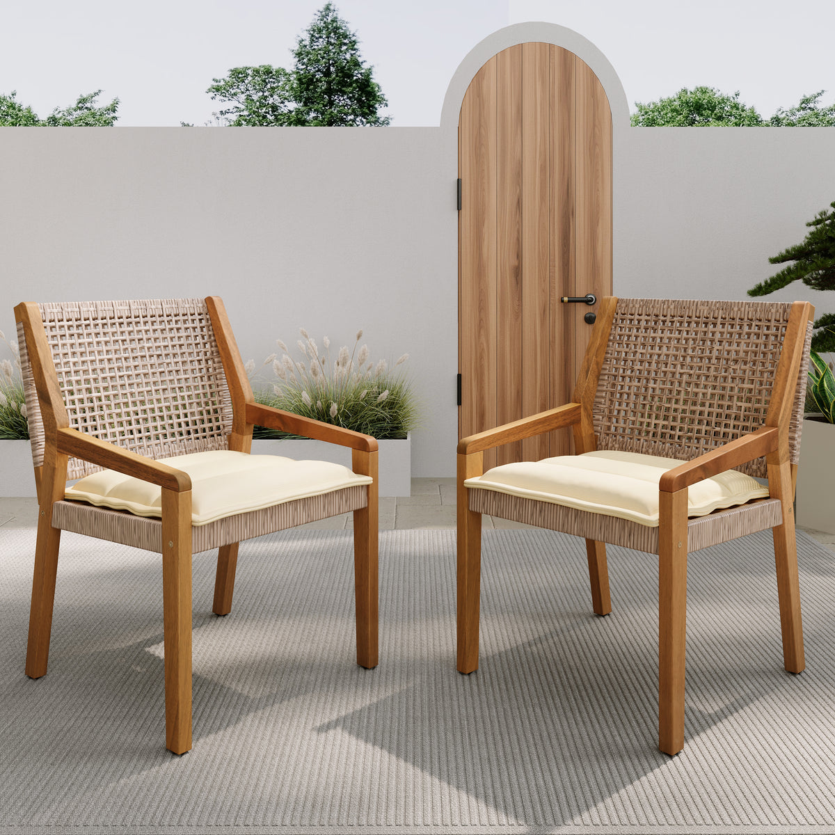 Outdoor Dining Chair - Acacia Wood & Wicker With Cream Cushion, Patio Furniture