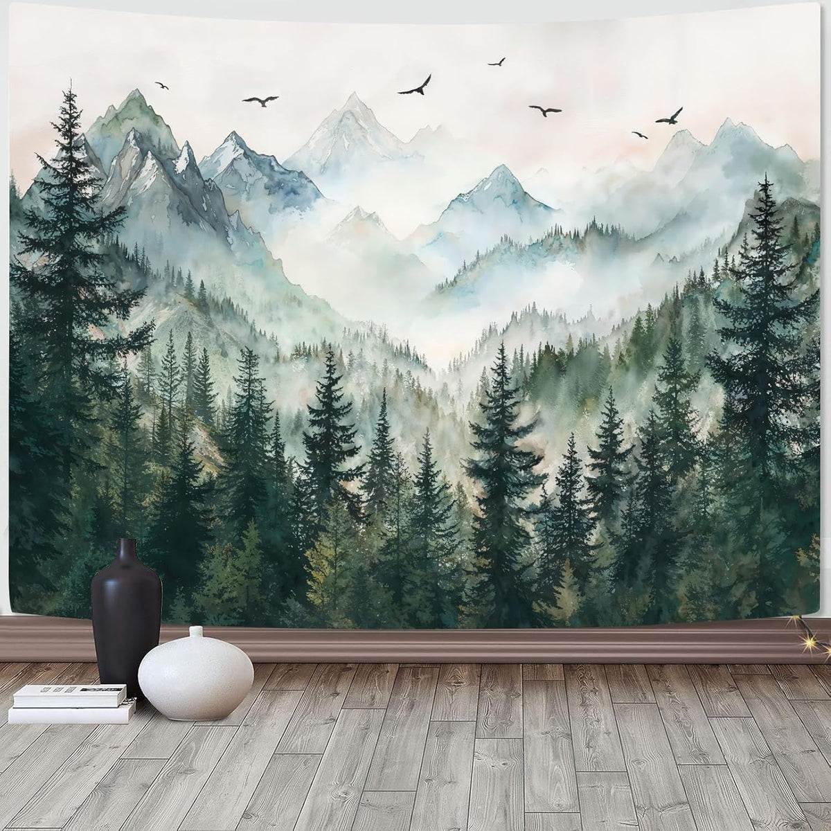 Misty Forest Mountain Tapestry Sage Green