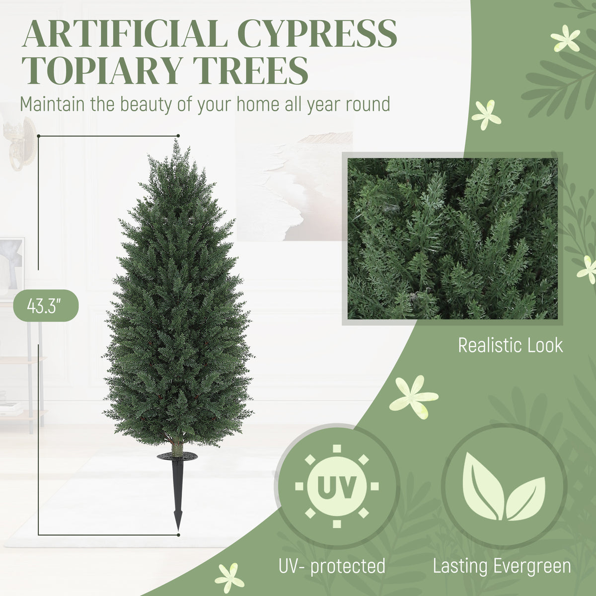 43.3 Inch Set Of 2 Artificial Cypress Topiary Tree, Indoor Outdoor UV Resistant Faux Plant For Entryway, Patio, Home Decor
