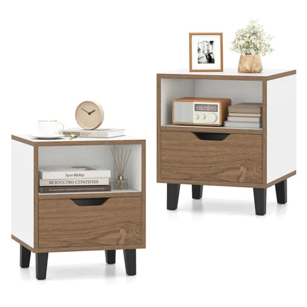 2-Pack Color Blocking Nightstands, 3-Tier Storage, Unique Wood Grain + Creamy White Design for Bedroom