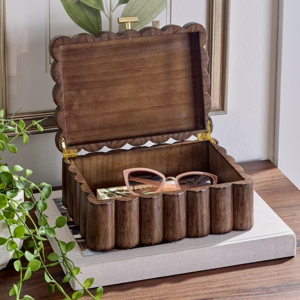 Scalloped Wooden Jewelry Box With Lid Trinket Storage