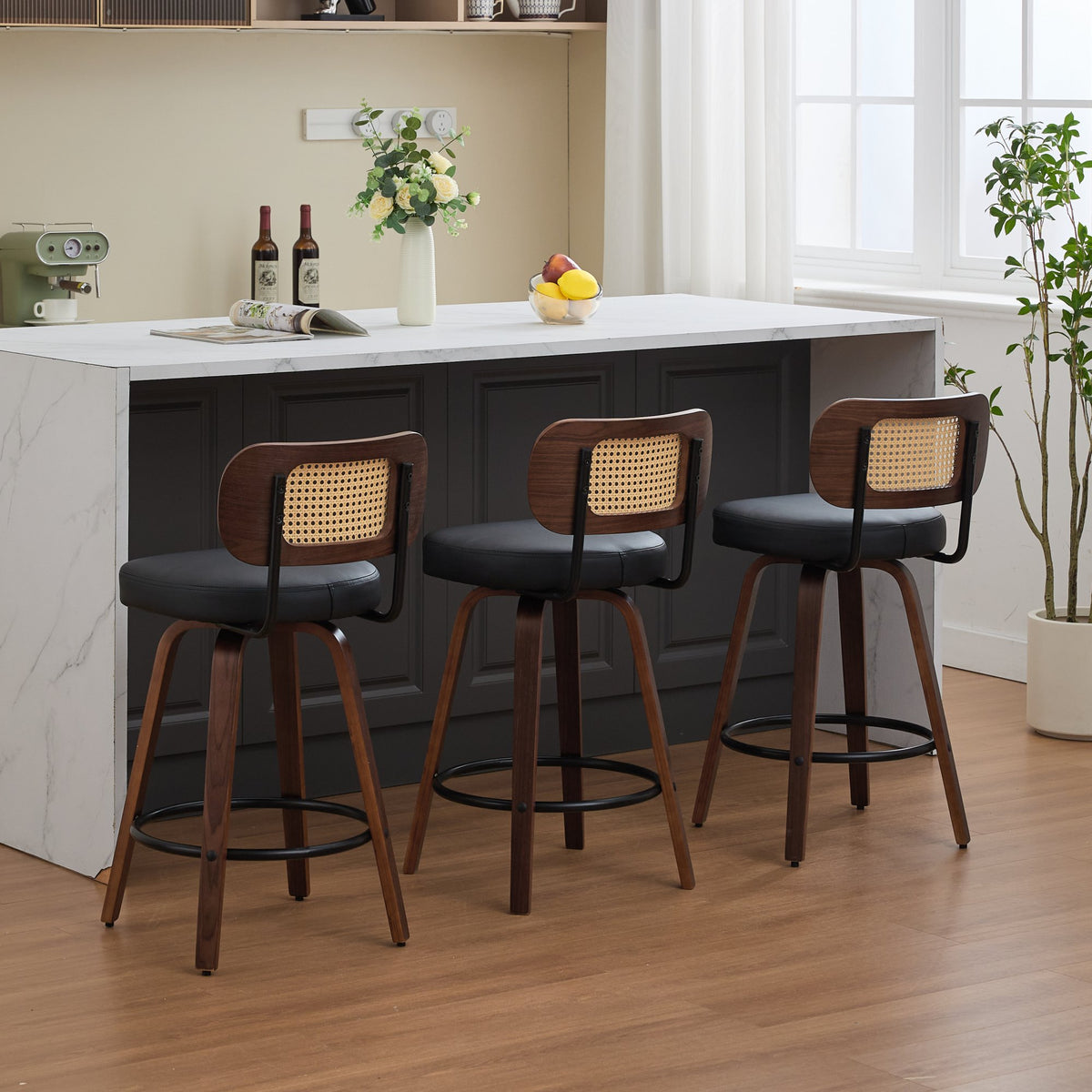 Set Of 3 Counter Height Bar Stools - 26 Inch Rattan Counter Height Stools With Cane Back, Upholstered Seat, Walnut Craftsmanship, Swivel Counter Stools For Island Kitchen Counter Bar - Walnut Black