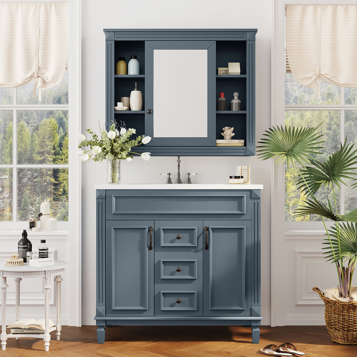 36'' Bathroom Vanity with Top Sink, Royal Blue Mirror Cabinet, Modern