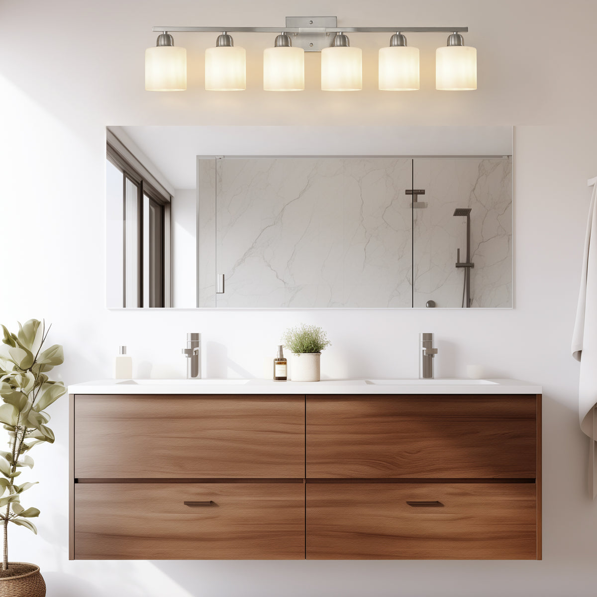 38 Inch Bathroom Vanity Light, 6-Light Nickel Vanity Lights For Bathroom, Wall Sconce Lighting With Milky White Glass Shade, Wall Lights, Bath Vintage Wall Mounted Lamps For Mirror Bedroom
