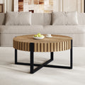Round Coffee Table Handcraft Drum Coffee Table With Gear Design Cross Metal Base Wood Grain MDF Top 31.5 Modern Compact For Living Room