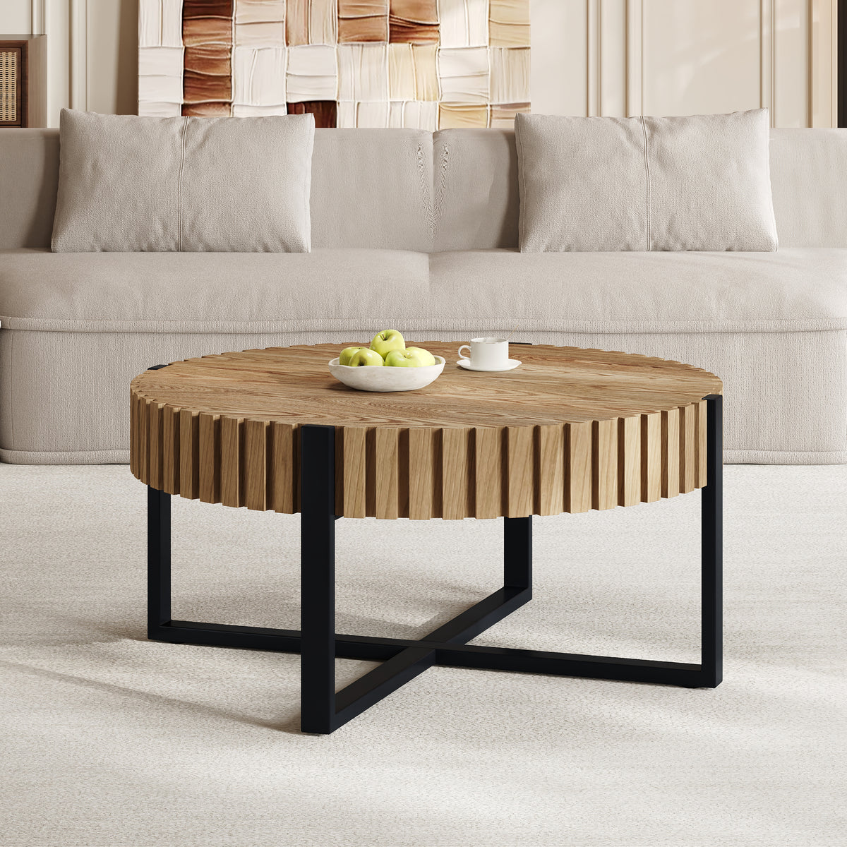Round Coffee Table Handcraft Drum Coffee Table With Gear Design Cross Metal Base Wood Grain MDF Top 31.5 Modern Compact For Living Room