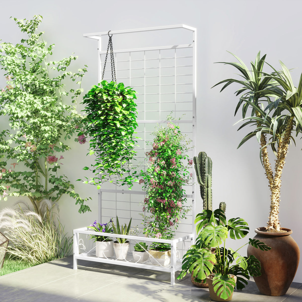 Metal Tall Plant Stand With Trellis And Hanging Bar Plant Holder