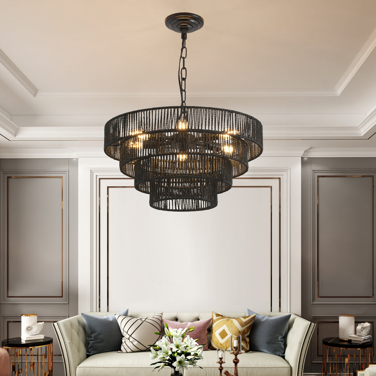 4-Tier Black Hemp Rope Chandelier, 20 in, 6-Light