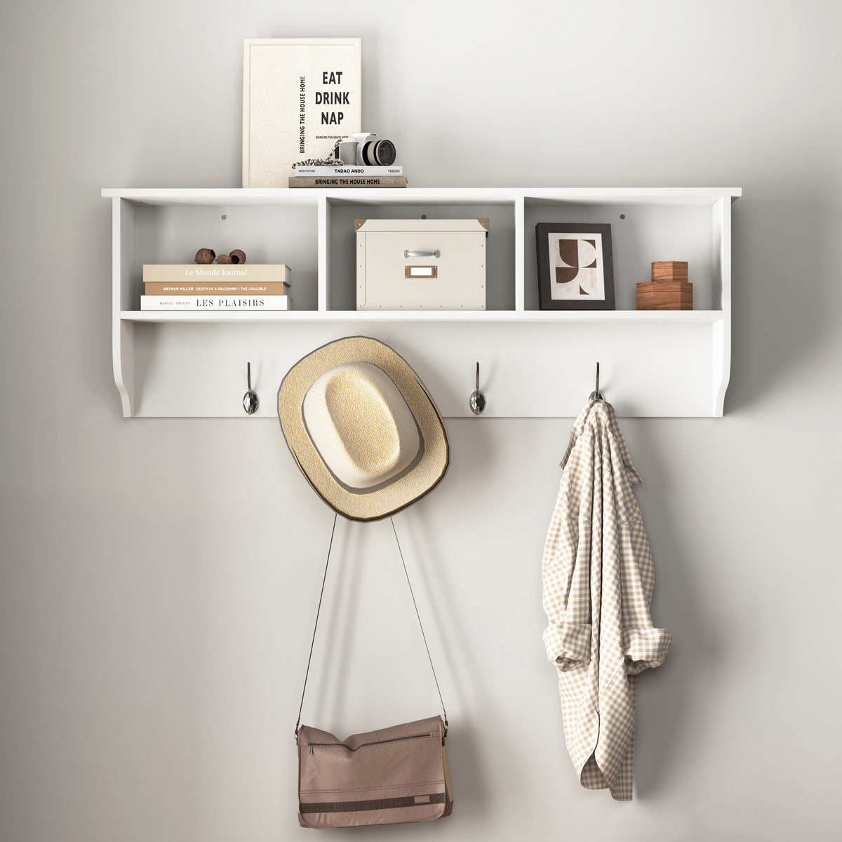 White Entryway Wall Mounted Coat Rack With 4 Dual Hooks Classic