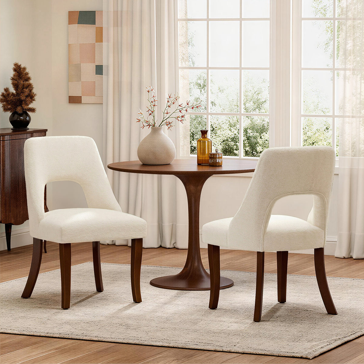 Dining Chair Set of 2, Upholstered Chenille Fabric Dining Chair Curved Solid Wood Legs, Elegant Tufted Club Dining Room Kitchen Room Dining Chair, Beige