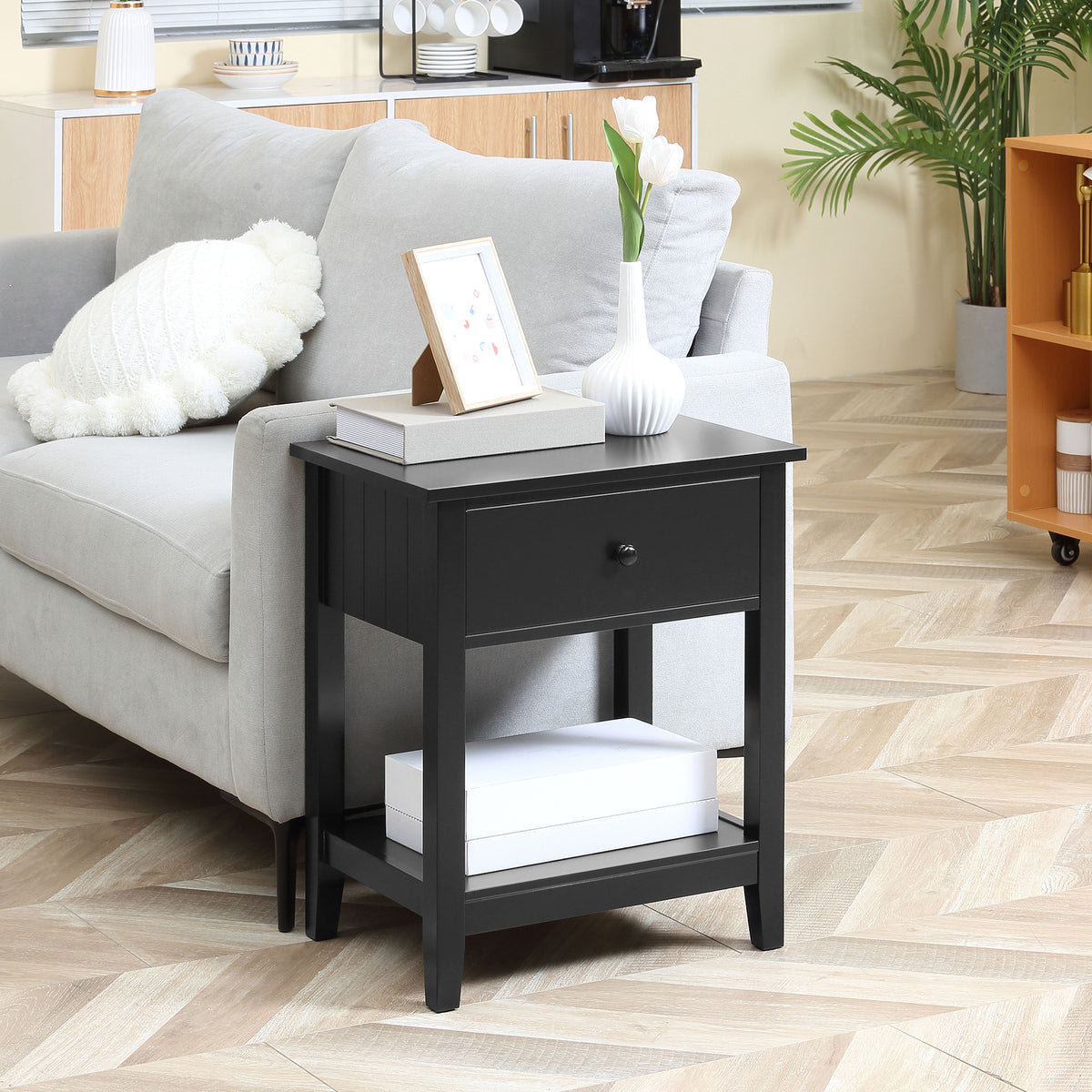 Tempered Black Glass Sofa Table, 2-Layers End Table With Storage, Living