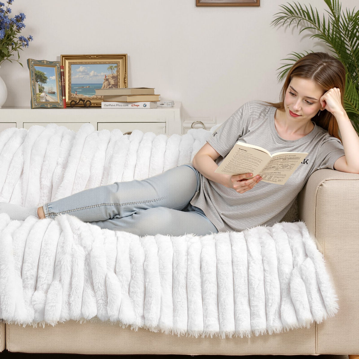 Faux Fur Throw Blanket, 50 x 60 in, White