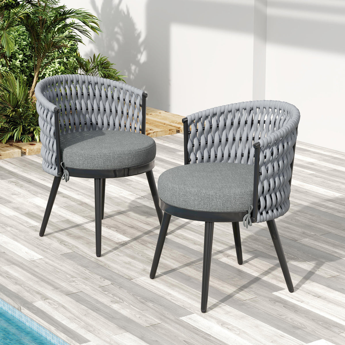 Outdoor Dining Chair - Metal & Rope With Light Gray Cushion, Patio Furniture