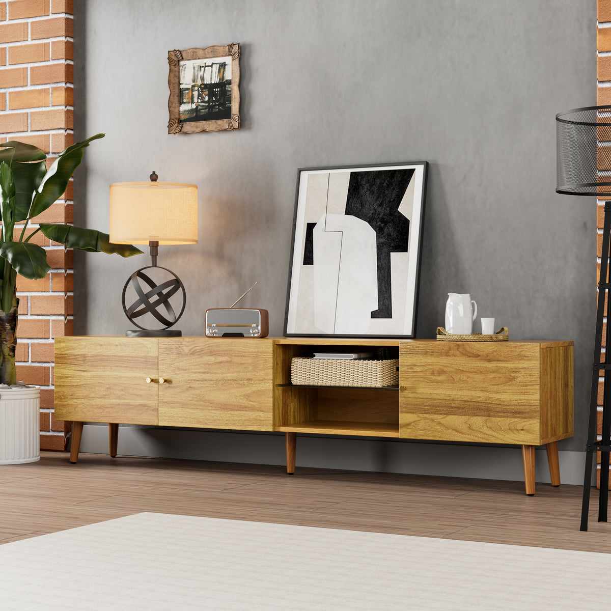 70 Inch Mid Century Modern TV Stand, TV Stand With Storage, Entertainment Center For Living Room Bedroom, TV Media Console