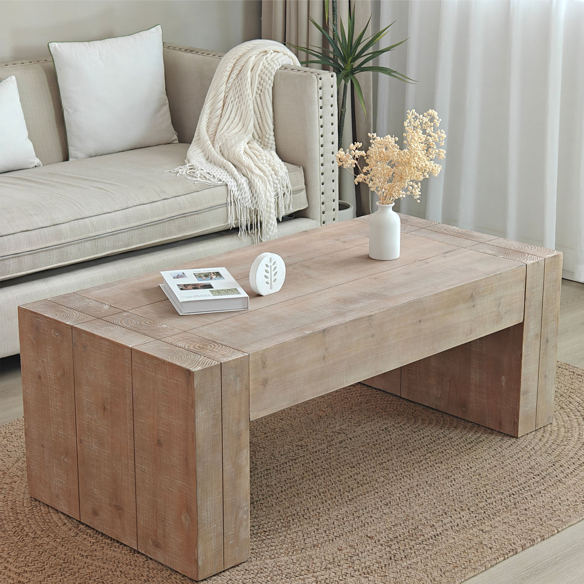 Rustic Wood Coffee Table 49in Modern Farmhouse Rectangular Table For Living Room
