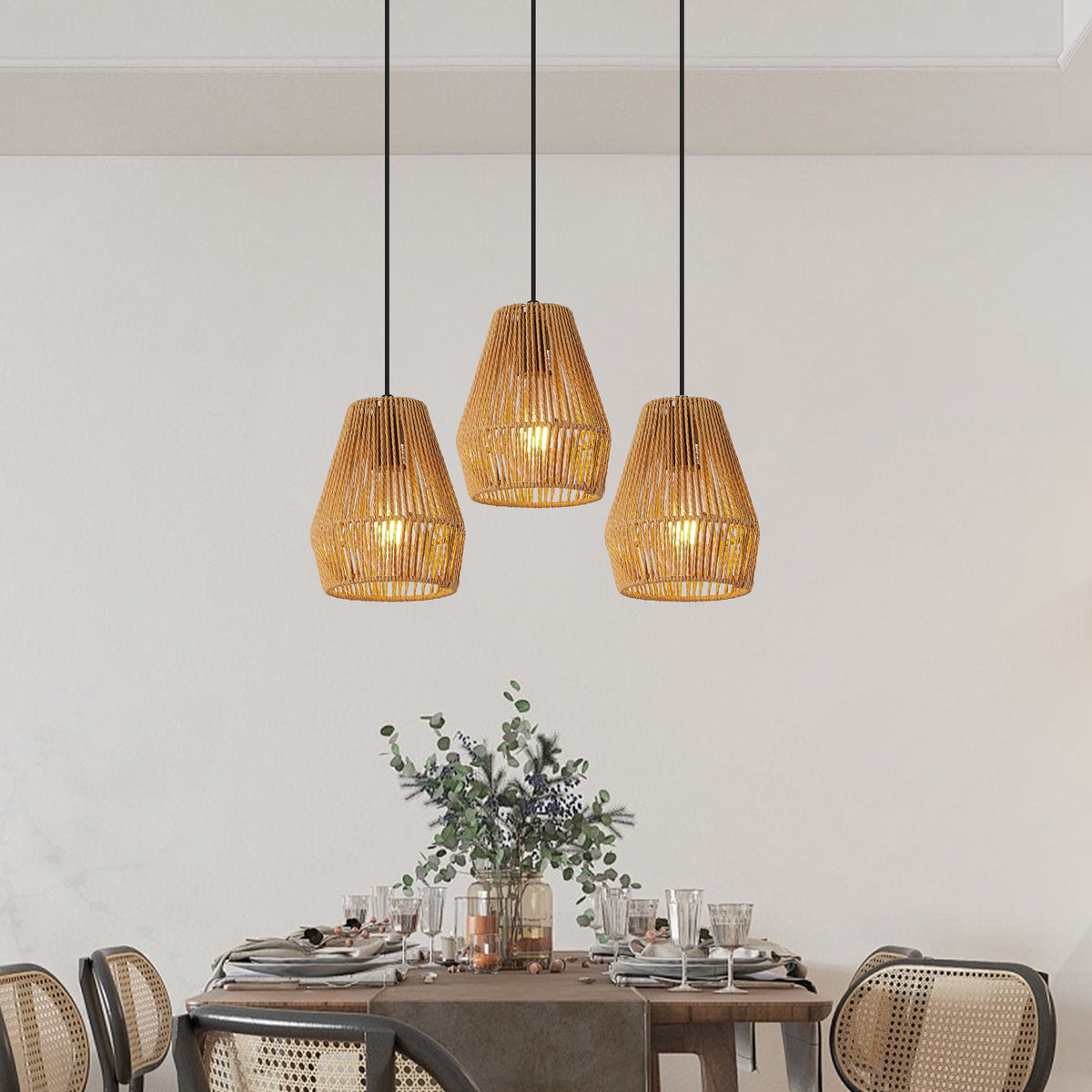 Hemp Rope Pendant Lights, 7 in, Set of 3