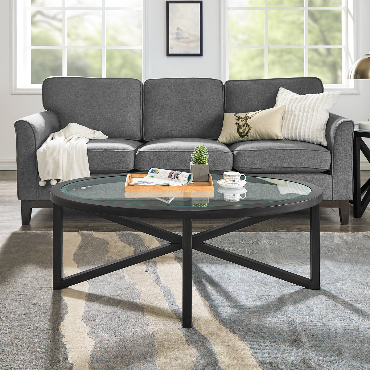 Modern Simple Glass Coffee Table, Tempered Glass Coffee Table Solid Wood Base Round Transparent Glass Top Modern Living Room Terrace Study Coffee Table