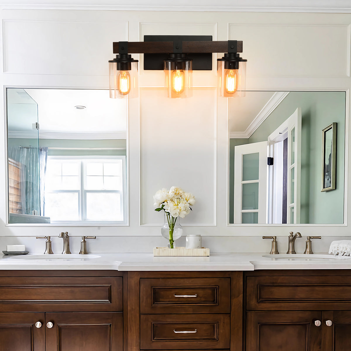 19in Rustic 3-Light Vanity Light, Industrial Bathroom Wall Sconce With Glass Shades And Wood Accent, Modern Farmhouse Lighting Fixture No Bulbs