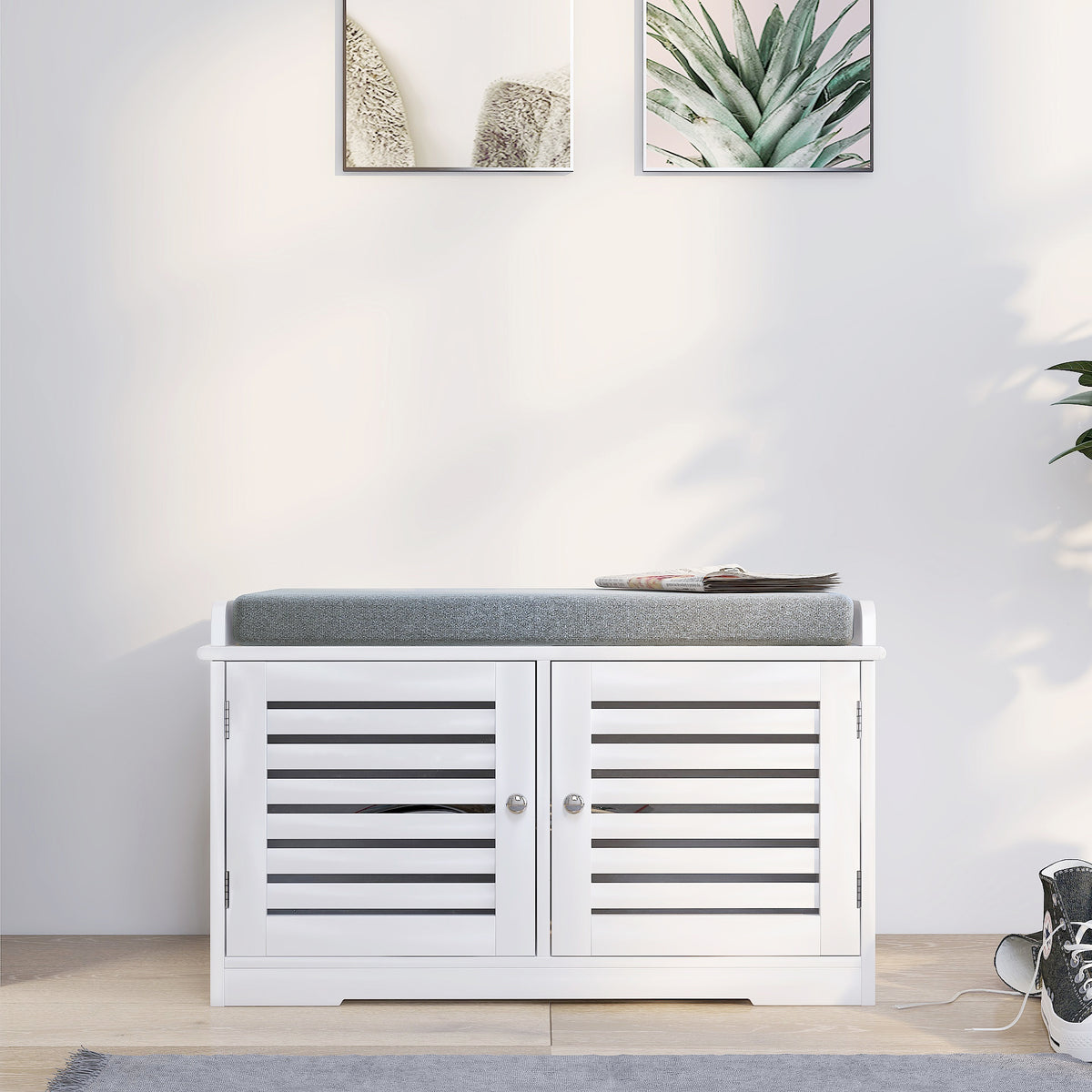 Shoe Storage Bench With Padded Seat Cushion, Entryway Bench With 2 Barn Doors - White