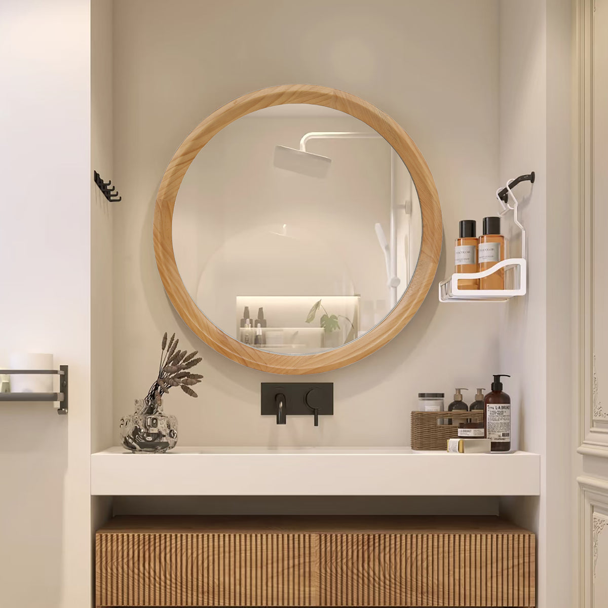 Natural Wood Round Wall Mirror, 23.62 Minimalist Decorative Mirror For Bathroom Vanity Living Room Sleek Solid Wood Frame