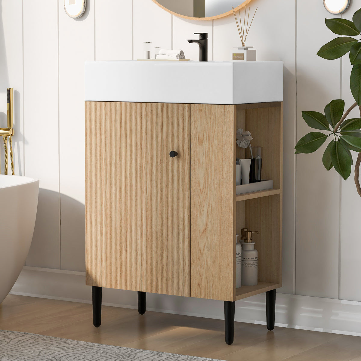 21.6" Wood Bathroom Vanity, Combo Cabinet, Bathroom Storage Cabinet, Single Ceramic Sink, White Oak